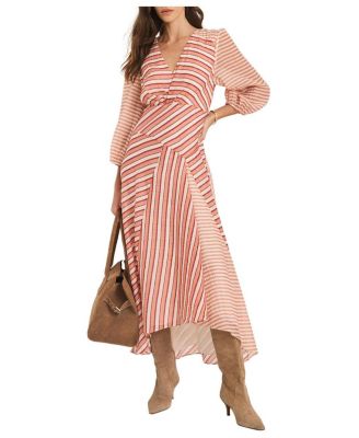 Women's Striped V-Neck 3/4-Sleeve Midi Dress