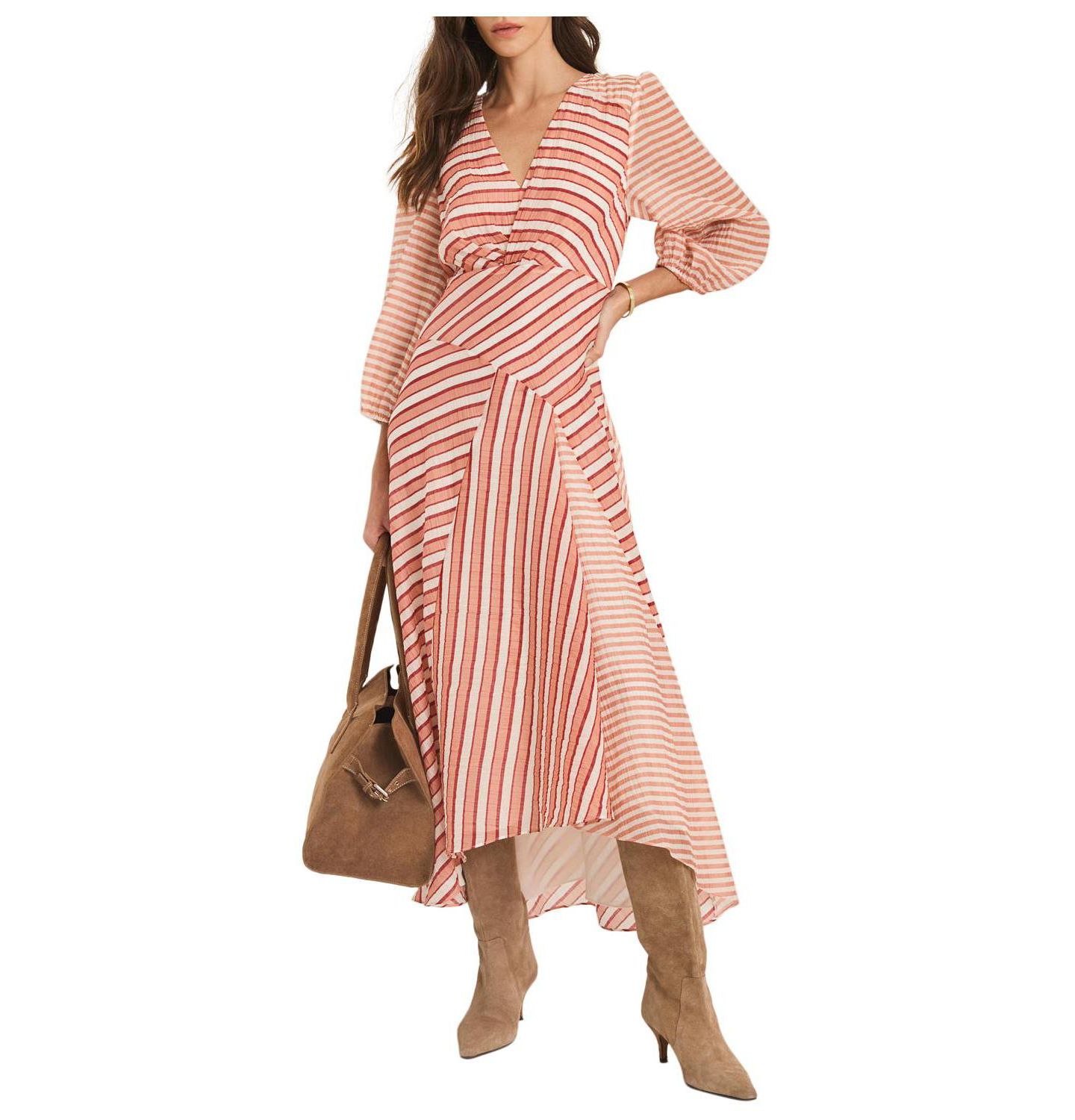 Женское платье Mint Velvet Striped V-Neck 3/4-Sleeve Midi, цвет: Оранжевый — фото 1