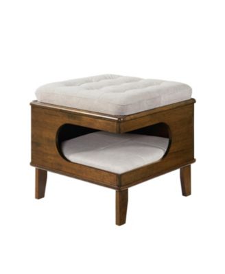 Rubber Wood Cat Bed Ottoman with Tufted Design, Cat Hideaway, Pet Storage and Footstool
