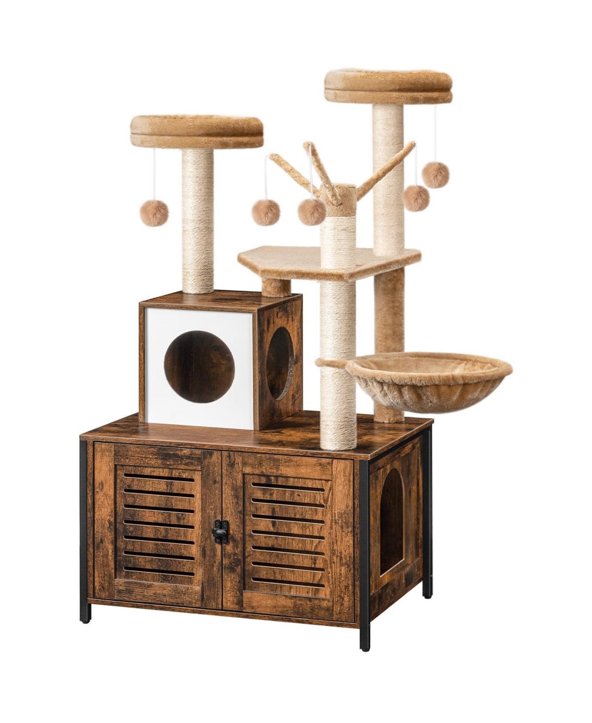 Slickblue Wooden Cat Tree with Hidden Litter Box Cabinet for Climbing Play and Resting