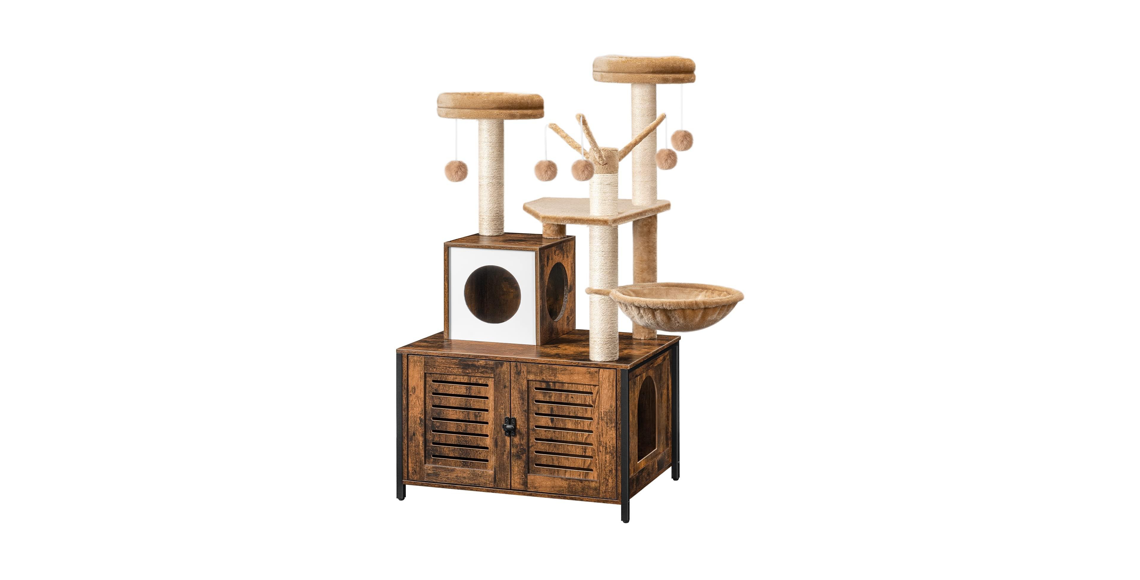 Slickblue Wooden Cat Tree with Hidden Litter Box Cabinet for Climbing Play and Resting