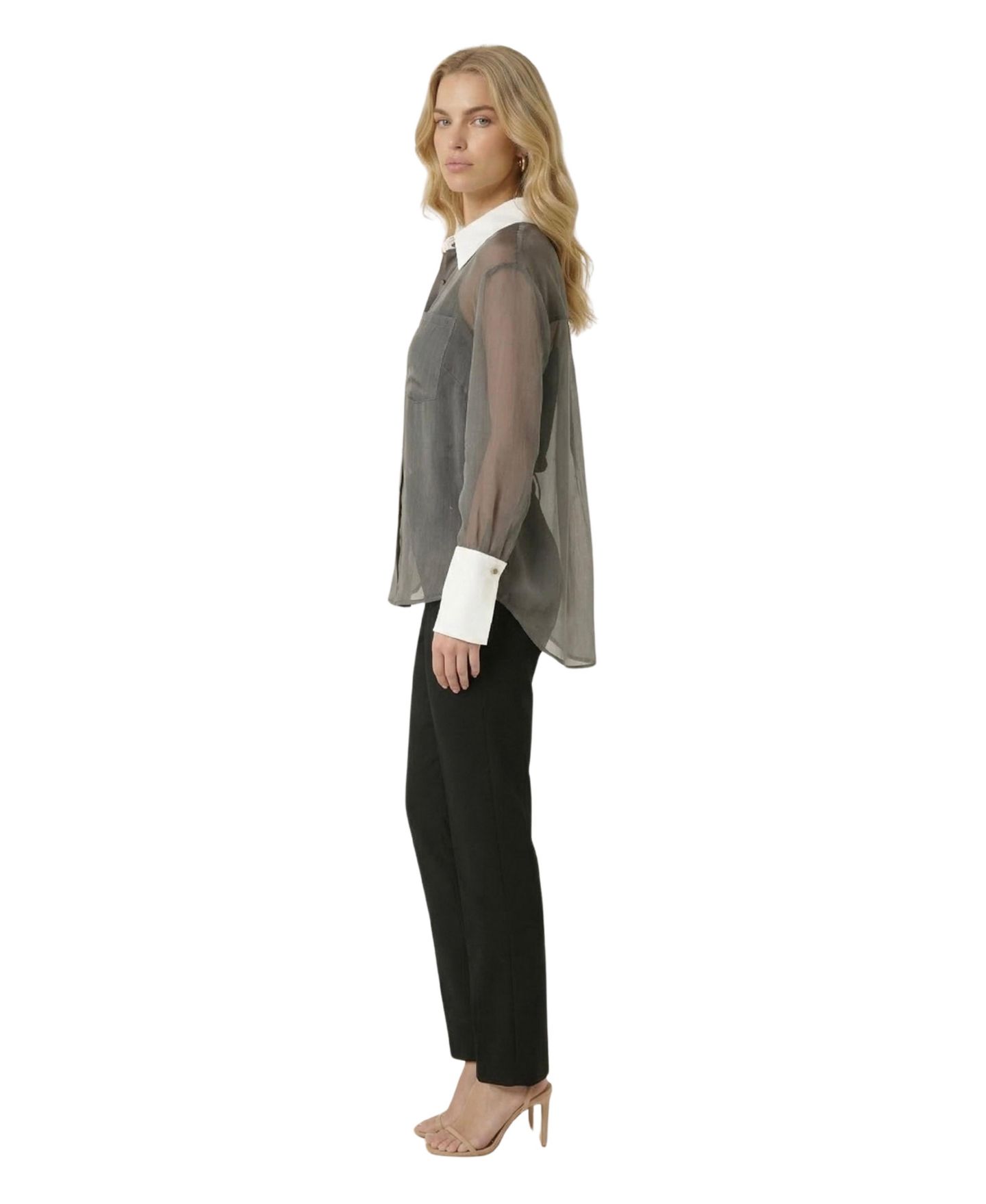 Женская блузка Modenaire Sheer Contrast-Collar Long-Sleeve — фото 3