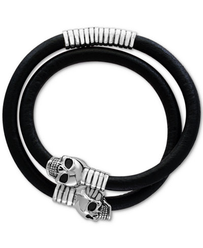 EFFY® Men's Skull-Detail Leather Wrap Bracelet in Sterling Silver