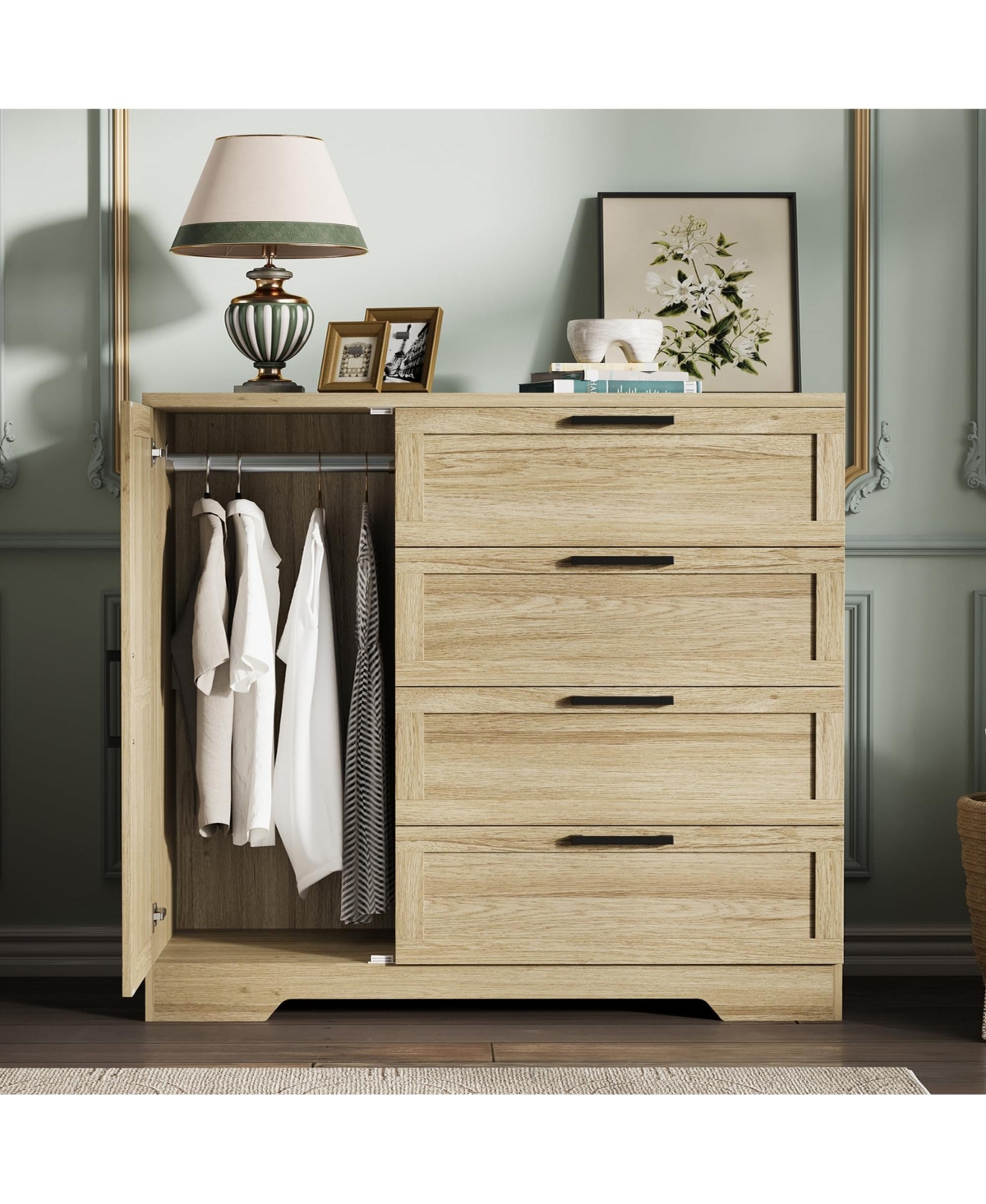 homfan Wooden Small Armoire Wardrobe Closet, Freestanding Storage Cabinet with 4 Drawers, Hanging Rod and Door for Bedroom - Natural