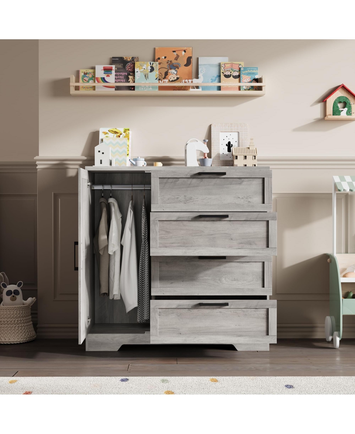 homfan Wooden Small Armoire Wardrobe Closet, Freestanding Storage Cabinet with 4 Drawers, Hanging Rod and Door for Bedroom