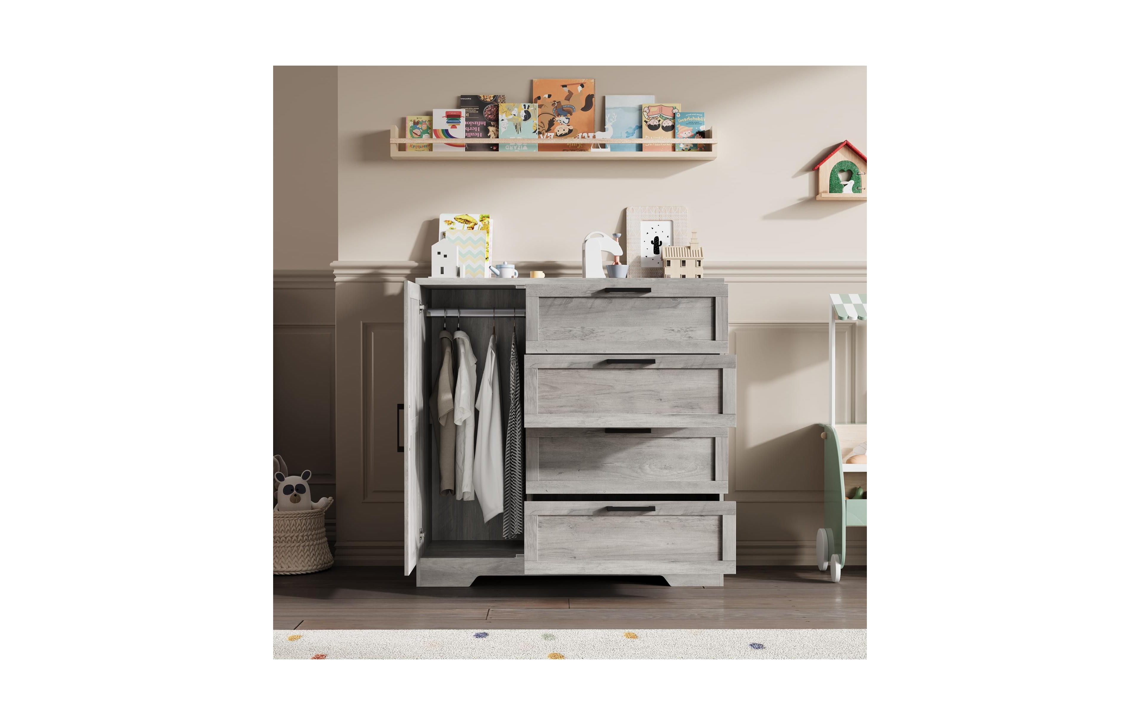 homfan Wooden Small Armoire Wardrobe Closet, Freestanding Storage Cabinet with 4 Drawers, Hanging Rod and Door for Bedroom