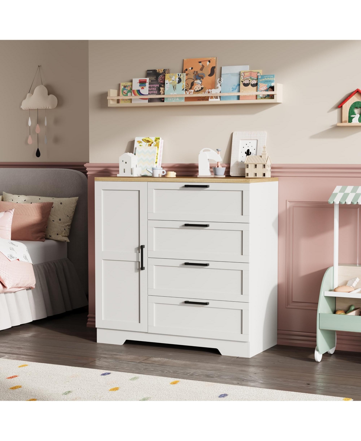homfan Wooden Small Armoire Wardrobe Closet, Freestanding Storage Cabinet with 4 Drawers, Hanging Rod and Door for Bedroom - White