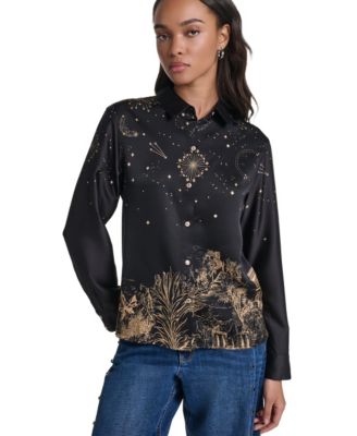 Women's Placed-Print Long-Sleeve Button-Up Blouse