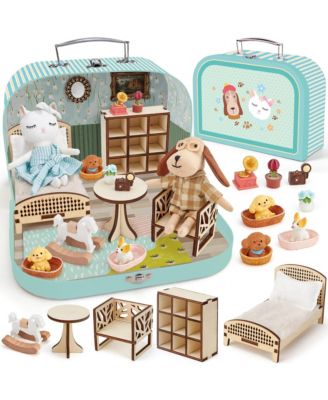 Bedroom Wood Foldable Dollhouse with Dolls and Accessories, 22-Piece, Ages 3+