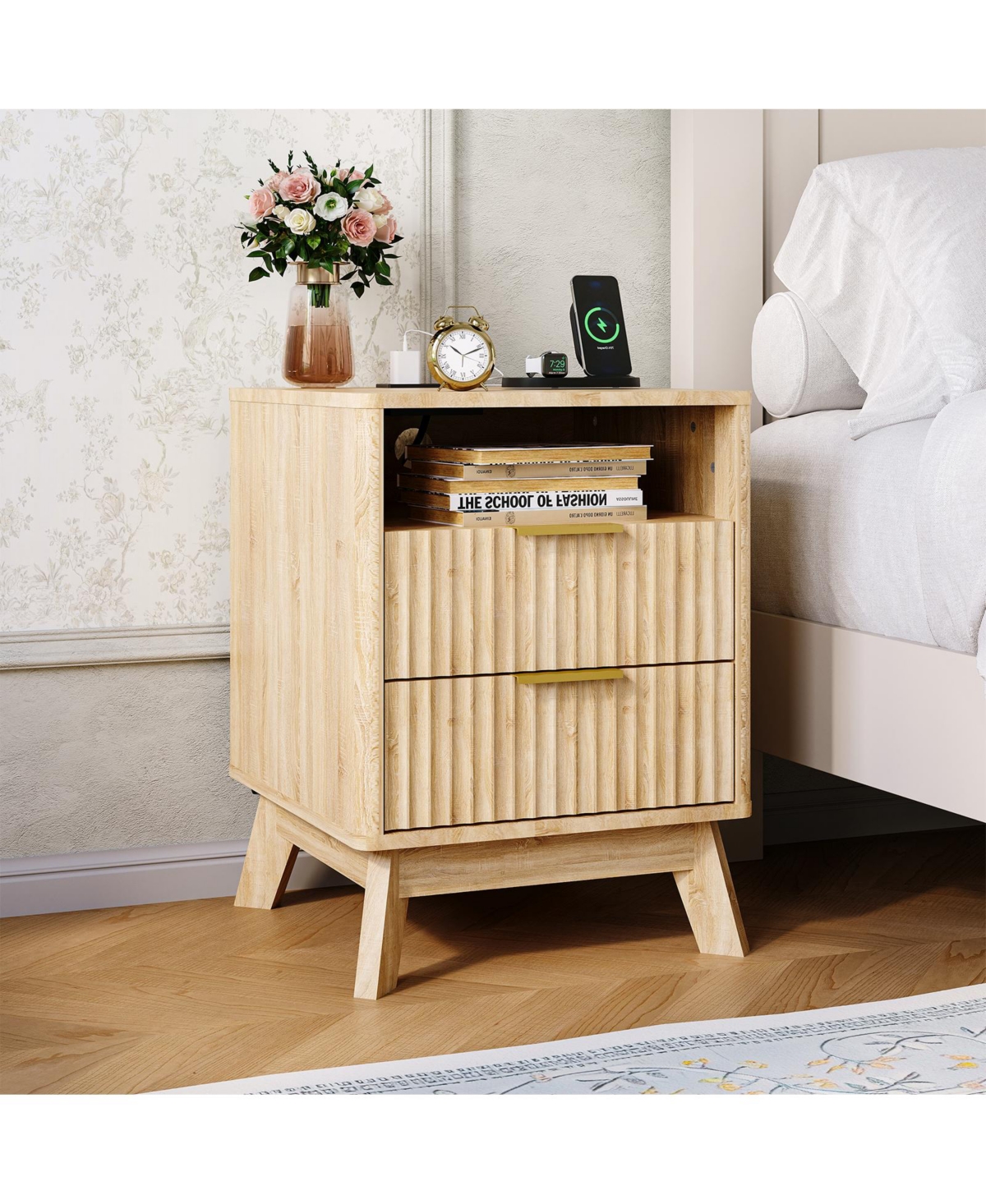 homfan Fluted Bedside Table with Charging Station, 2 Drawers and Open Cubby, Usb and Ac Outlets, for Small Bedroom Spaces