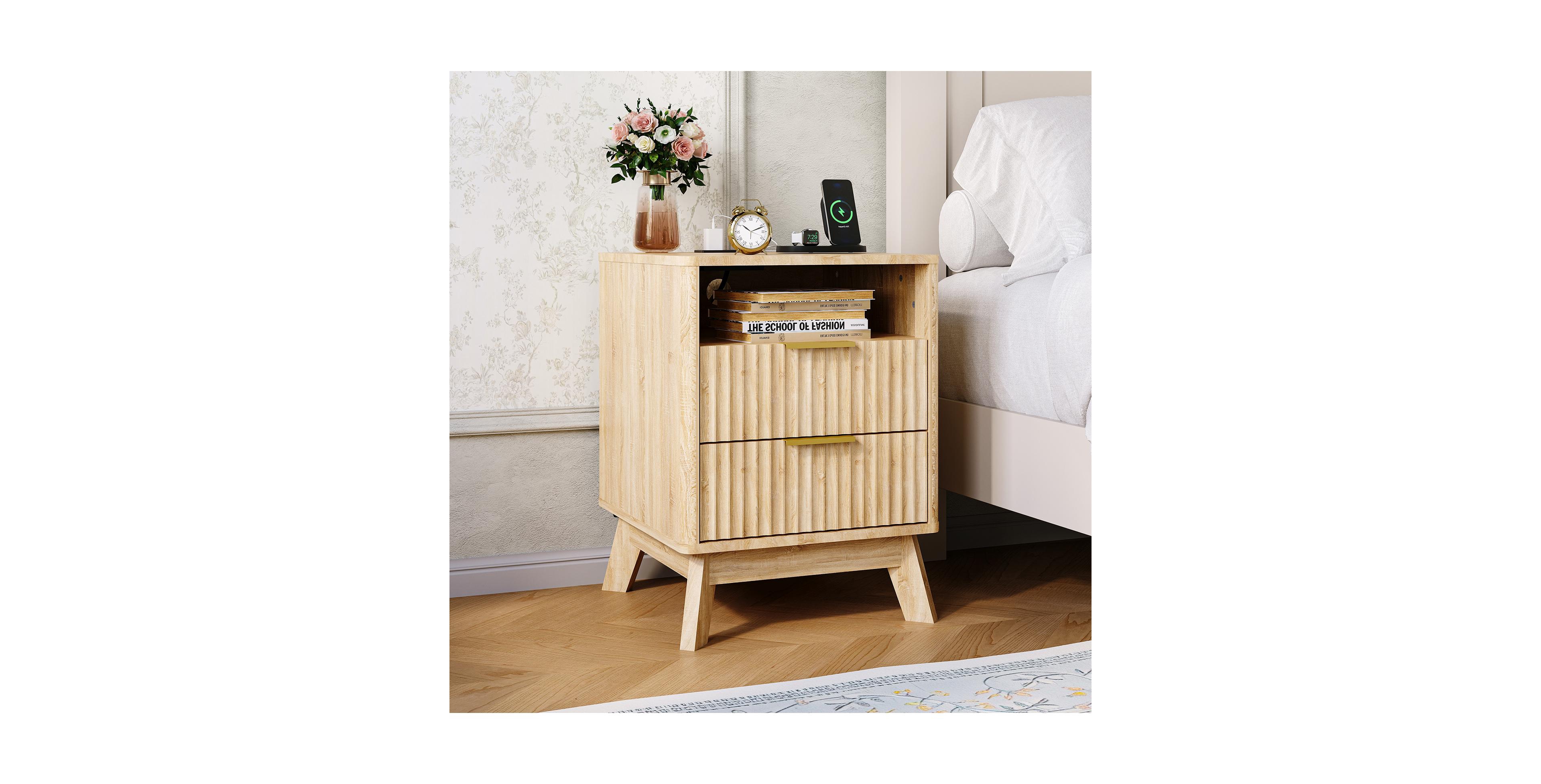 homfan Fluted Bedside Table with Charging Station, 2 Drawers and Open Cubby, Usb and Ac Outlets, for Small Bedroom Spaces