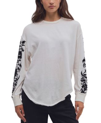 Women's Flora Floral Curved-Hem Long-Sleeve Crewneck T-Shirt