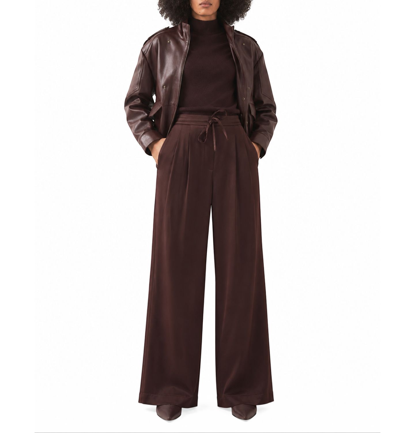 Женские брюки Mint Velvet Satin Pleated Wide-Leg, цвет: Бордовый — фото 1
