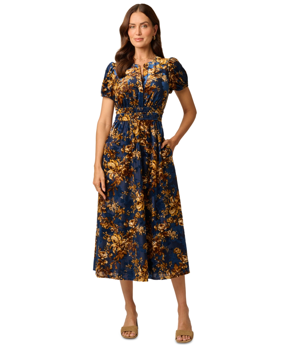 Adrianna Papell Women's Sophia Floral-Print Split-Neck Midi Dress - Navy Mustard