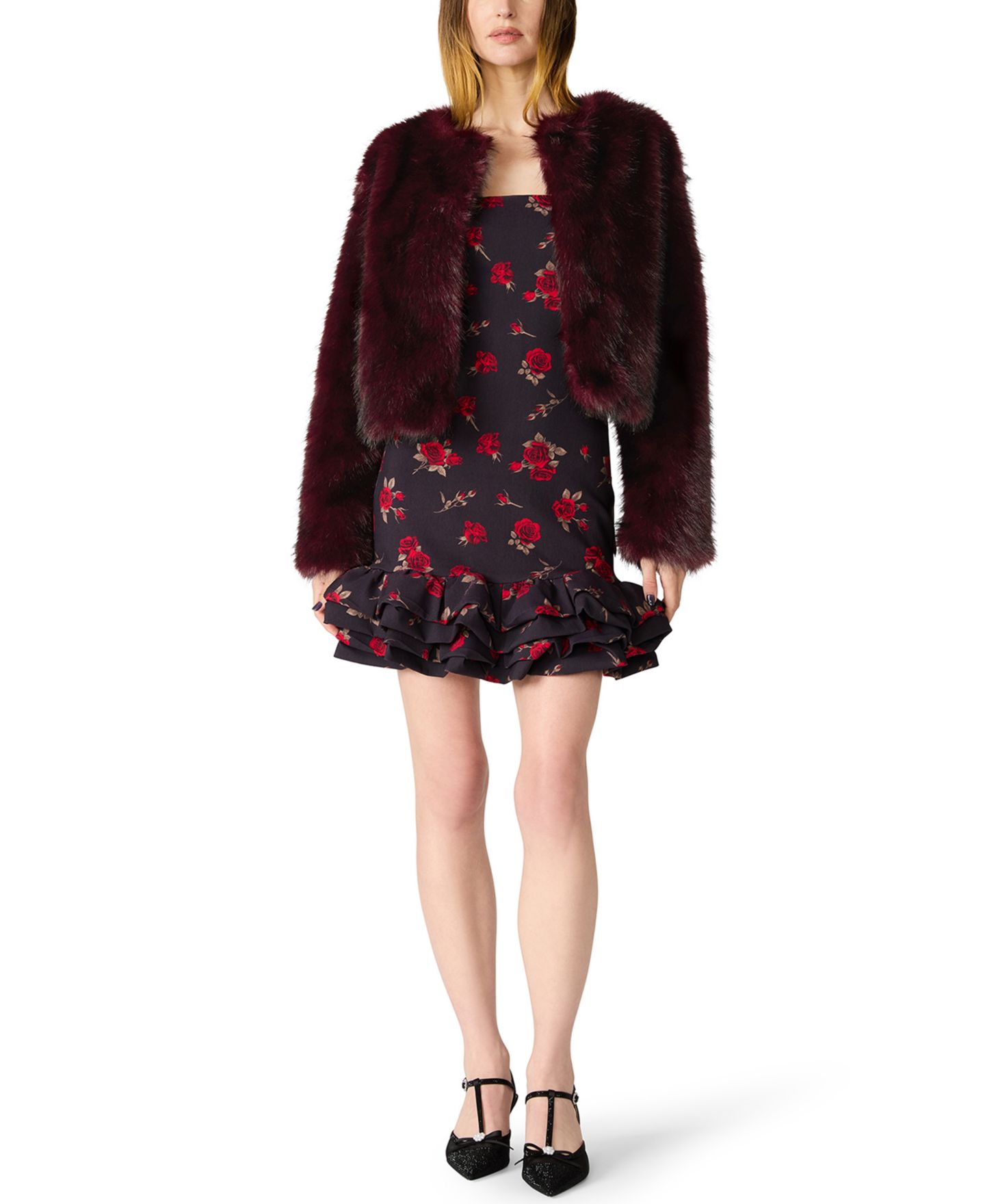 Женская куртка Betsey Johnson Chubby Cropped Open-Front Faux Fur, цвет: Красный сливовый — фото 2