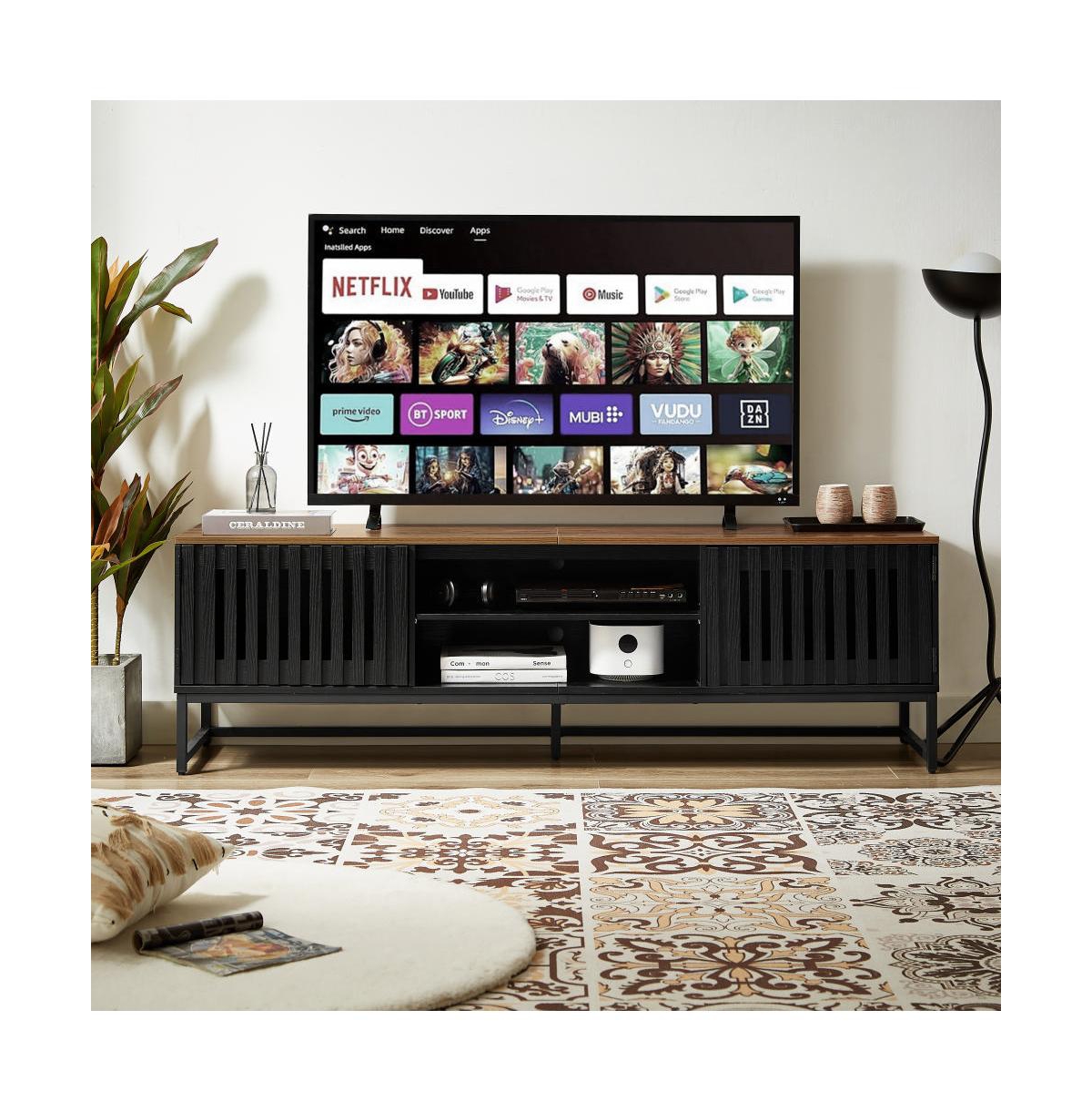 Flynama 63 Inch Mdf Tv Stand Slatted Grille Doors Media Console Holds 60 Inch Tv - Black+brown