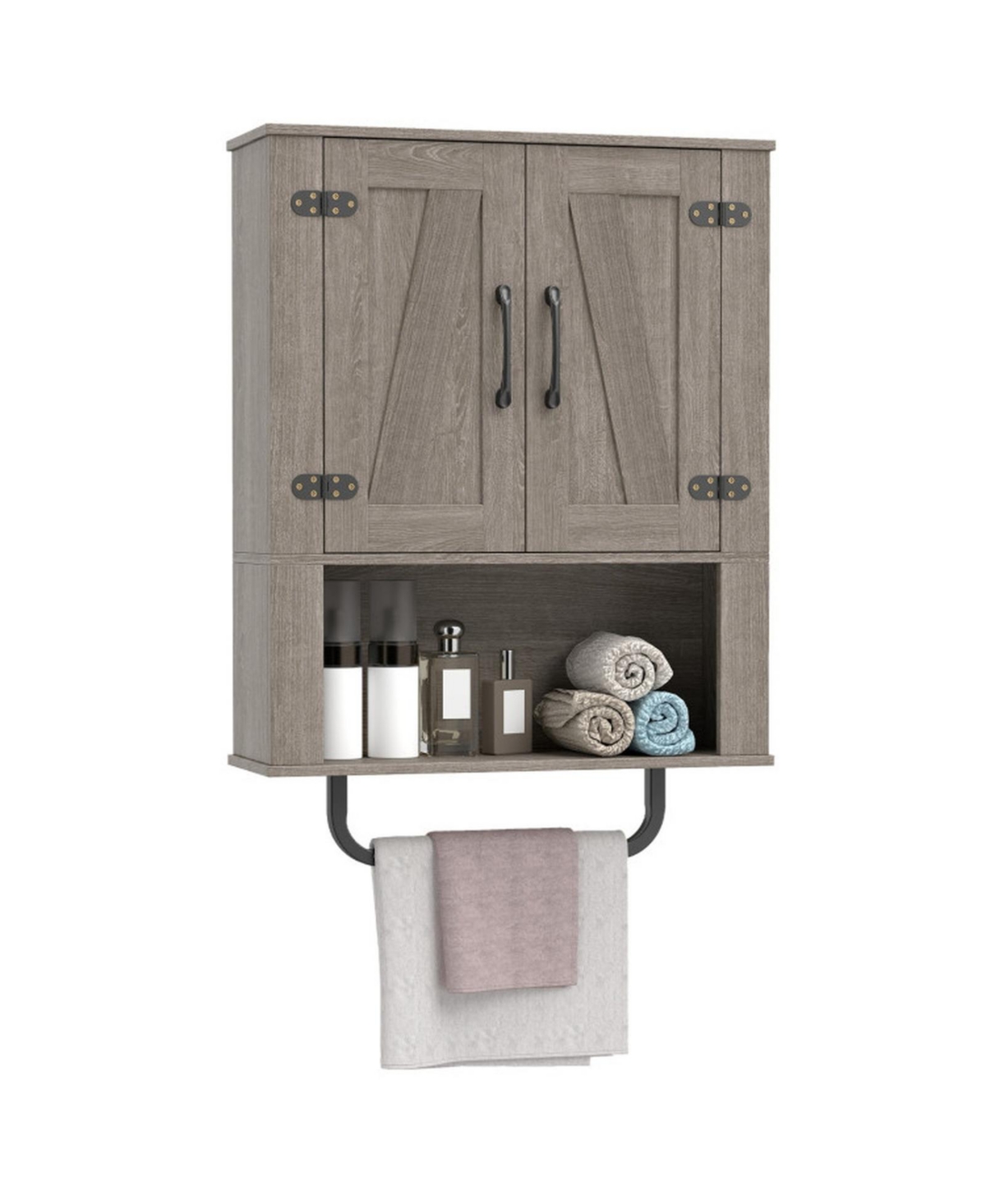 Hongge Bathroom Wall Cabinet with 2 Barn Doors and Metal Towel Rod