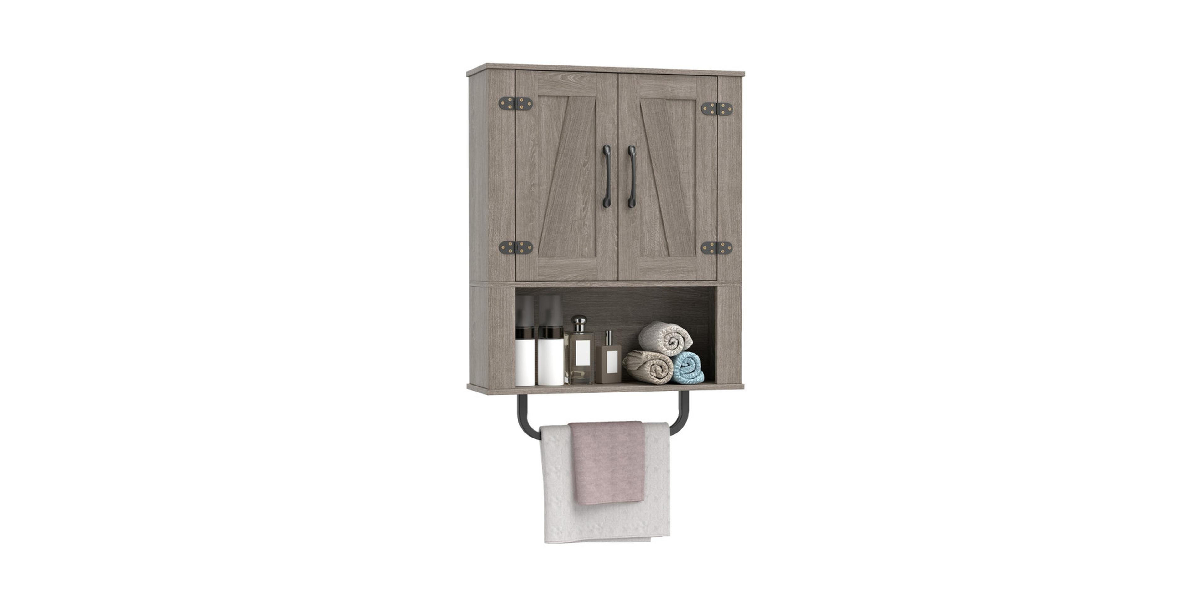 Hongge Bathroom Wall Cabinet with 2 Barn Doors and Metal Towel Rod