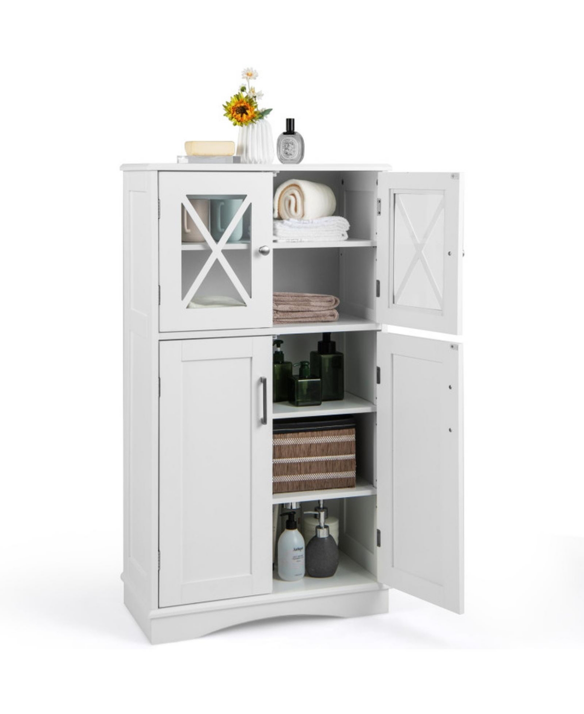 Hongge 4-Door Bathroom Floor Cabinet with 5-Tier Shelving and Glass Doors - White