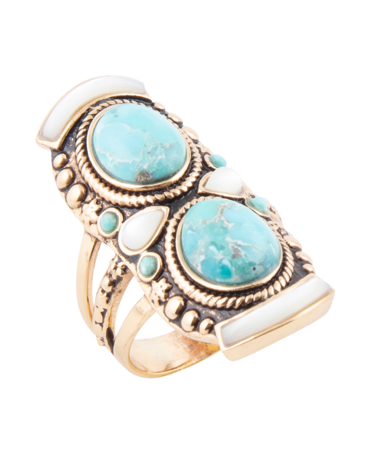 Barse Turquoise and Imitation Pearl Gold-Tone Statement Handcrafted Ring - Multi
