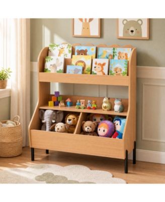 Kids Wooden Toy Storage Organizer Bookcase with 2 Bins Open Shelf