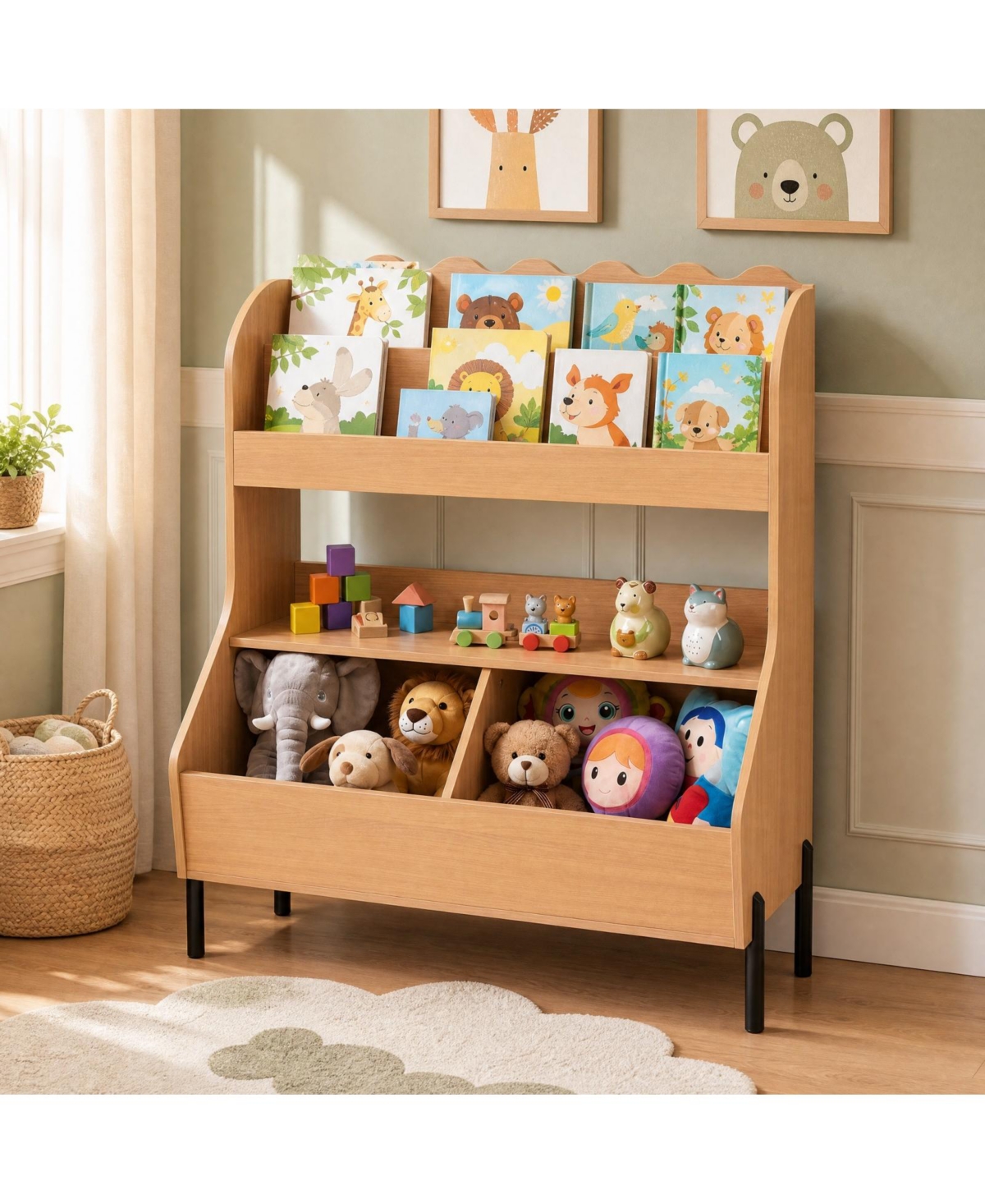 Costway Kids Wooden Toy Storage Organizer Bookcase with 2 Bins Open Shelf