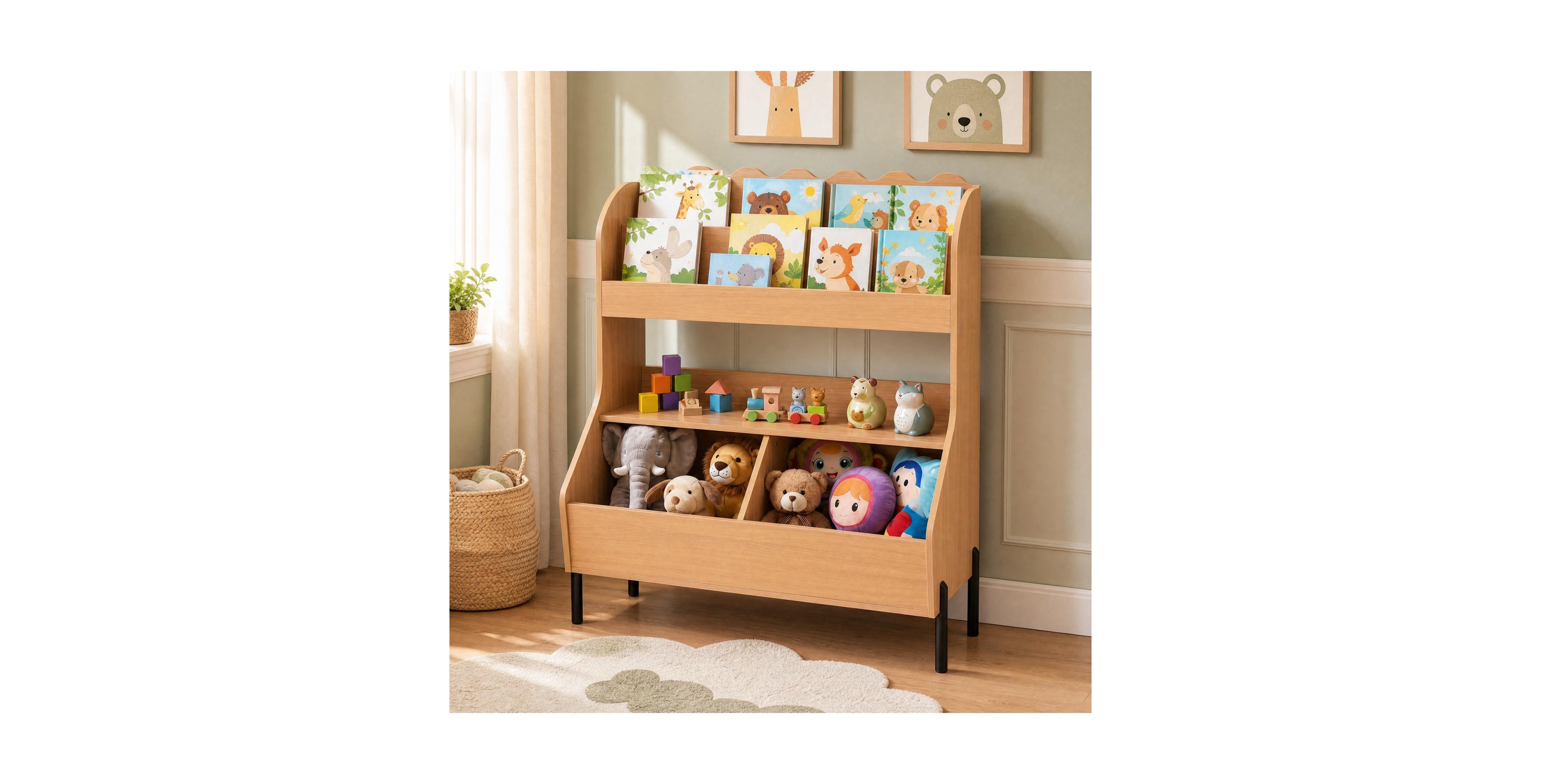 Costway Kids Wooden Toy Storage Organizer Bookcase with 2 Bins Open Shelf