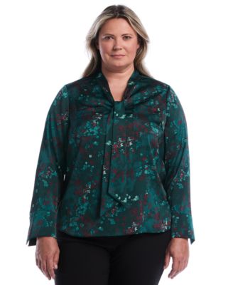 Plus Size Long-Sleeve Satin Floral-Print Blouse