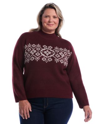 Plus Size Floral Argyle Mock Neck Long-Sleeve Pullover Sweater