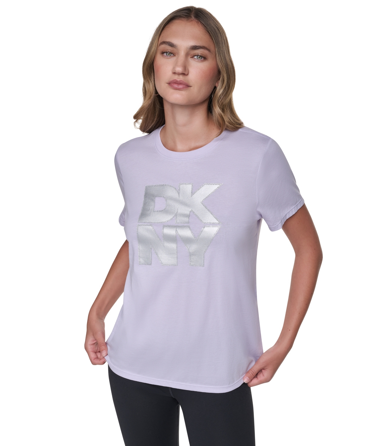 Dkny Sport Women's Stacked Foil Glitter Logo Short-Sleeve Relaxed Fit T-Shirt