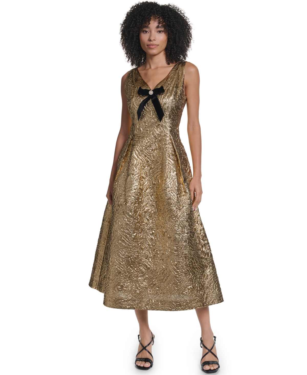 Karl Lagerfeld Paris Women's A-Line Midi V-Neck Bow-Detail Dress