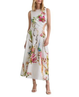 Women's Floral-Print Midi Cut-Out Linen Dress
