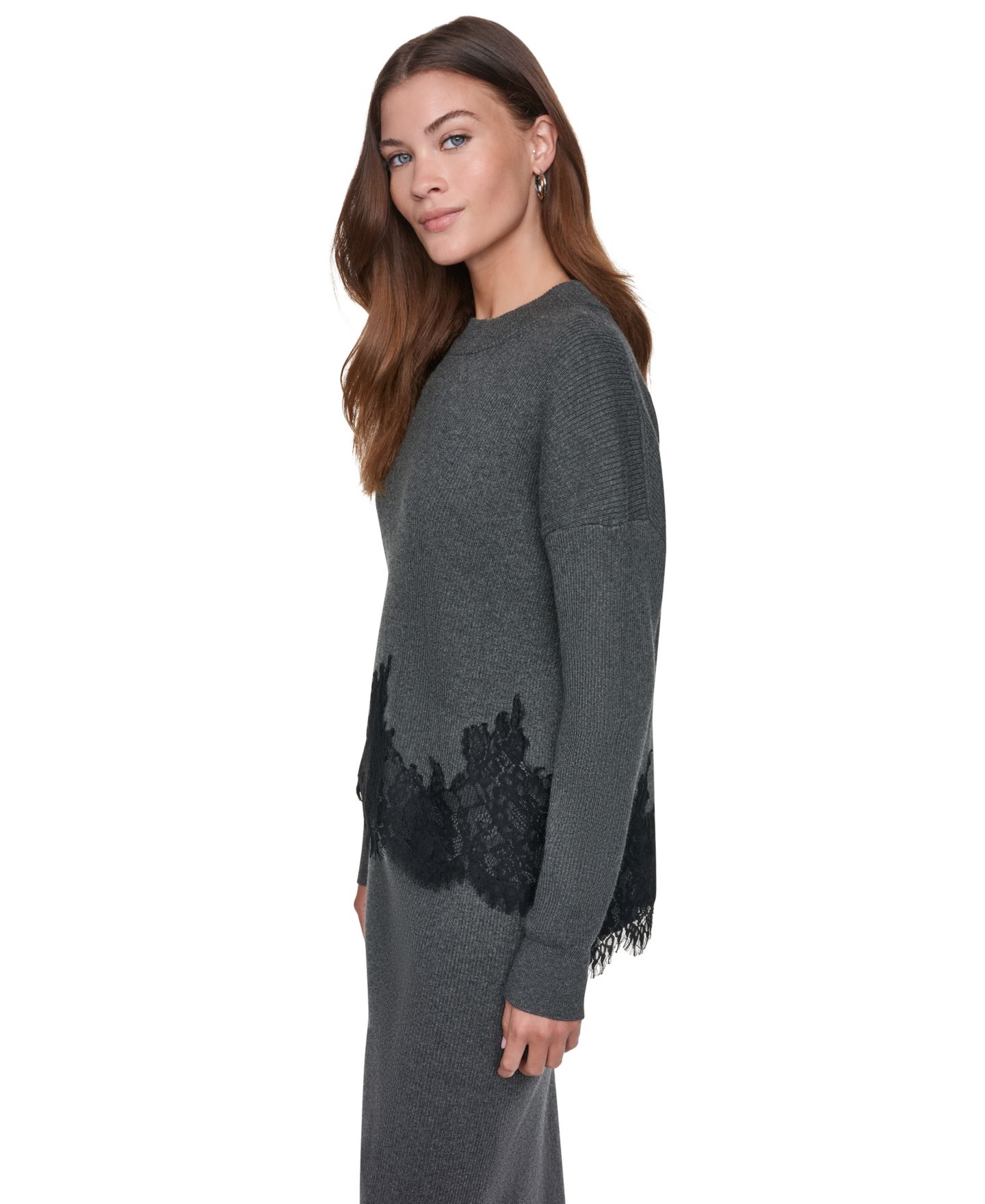 Женский свитер DKNY Lace-Trim Long-Sleeve Loose-Fit, цвет: Асфальтовый — фото 2