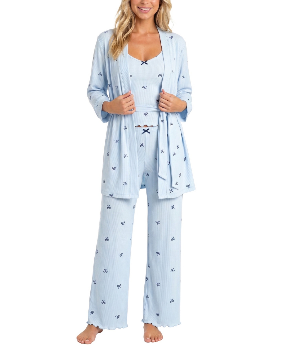 Sincerely Jules Women's Brushed Pointelle Tank, Duster, and Pants, 3-Piece Set - Bitsy Bows