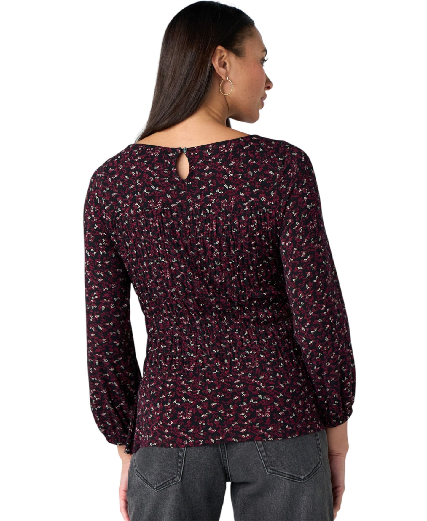 Женская блузка Liverpool Los Angeles Petite 3/4-Sleeve Smocking Blouse, цвет: Бордовый / Чёрный — фото 4