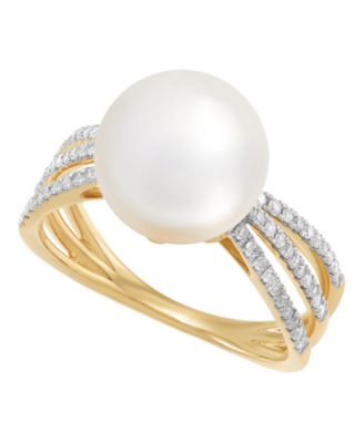 White Ming Cultured Pearl and Diamond Cocktail Ring (1/4 ct. t.w.) in 10k Yellow Gold