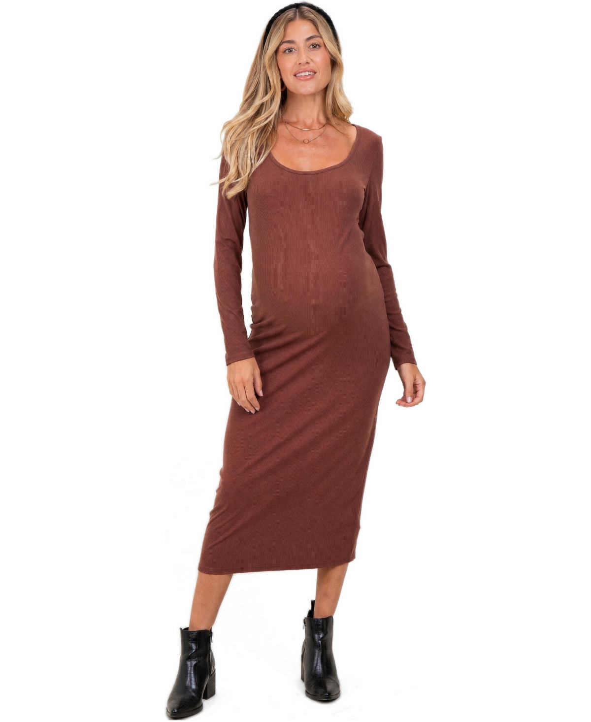 Pinkblush Women's Brown Scoop Neck Long Sleeve Midi Dress - Brown