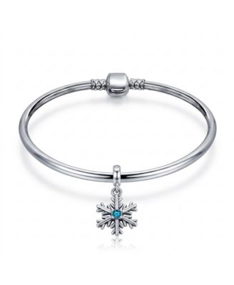Christmas Snowflake Crystal Charm and Stopper Bangle Bracelet Sterling Silver