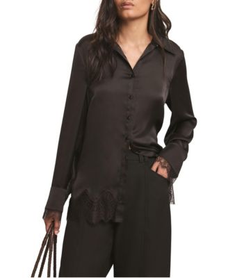 Women's Long-Sleeve Collared Lace-Trim Blouse