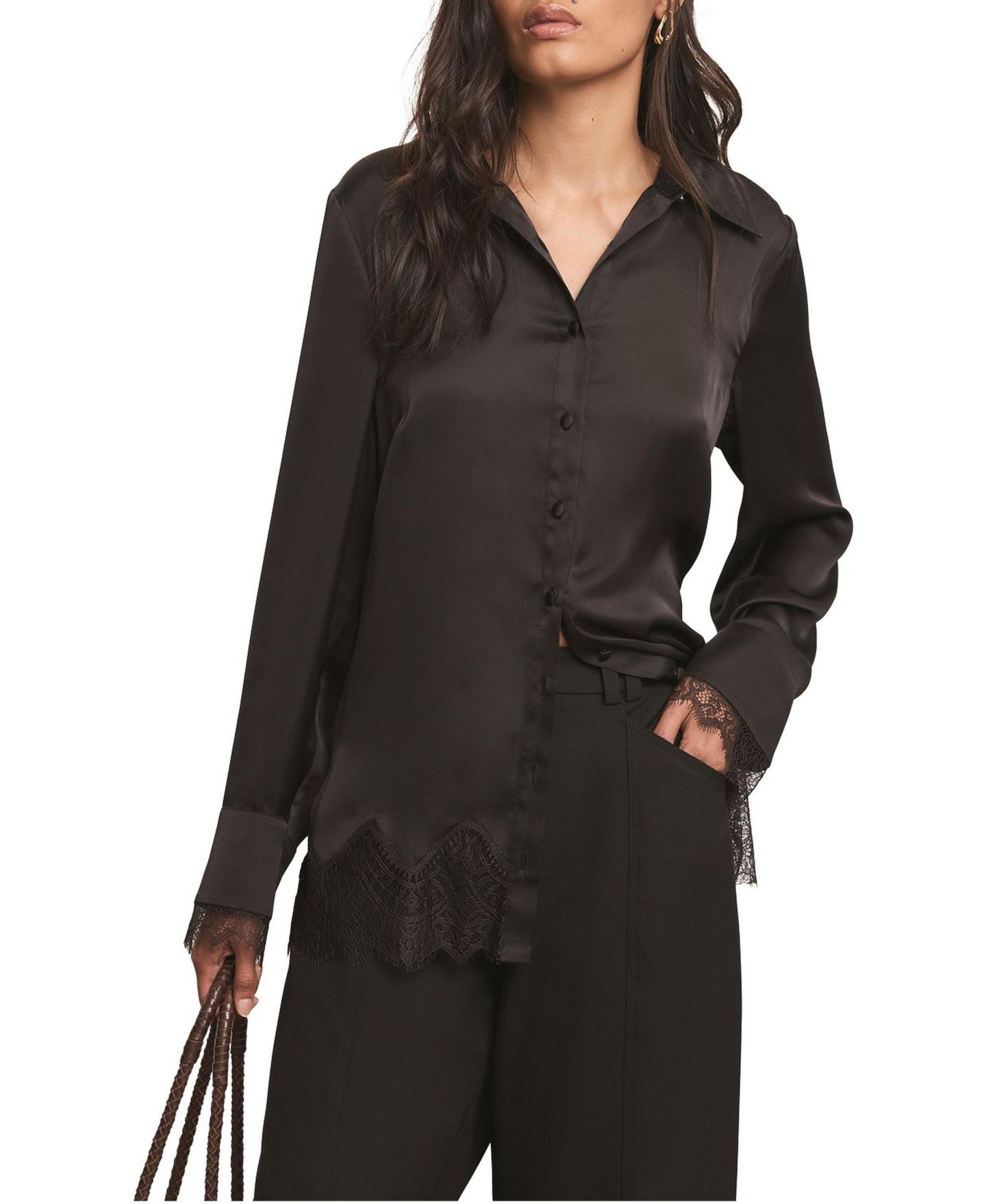 Женская блузка Mint Velvet Long-Sleeve Collared Lace-Trim, цвет: Чёрный — фото 1