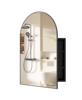 34 Inch Arched Mirror Wall Cabinet with Brushed Metal Frame