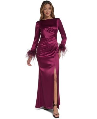 Women's Feather-Trim Long-Sleeve Wedding Guest Gown