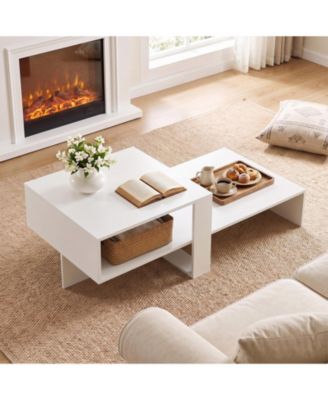 2-Tier Coffee Table with Open Storage Shelf, Cross-shaped Base for Living Room