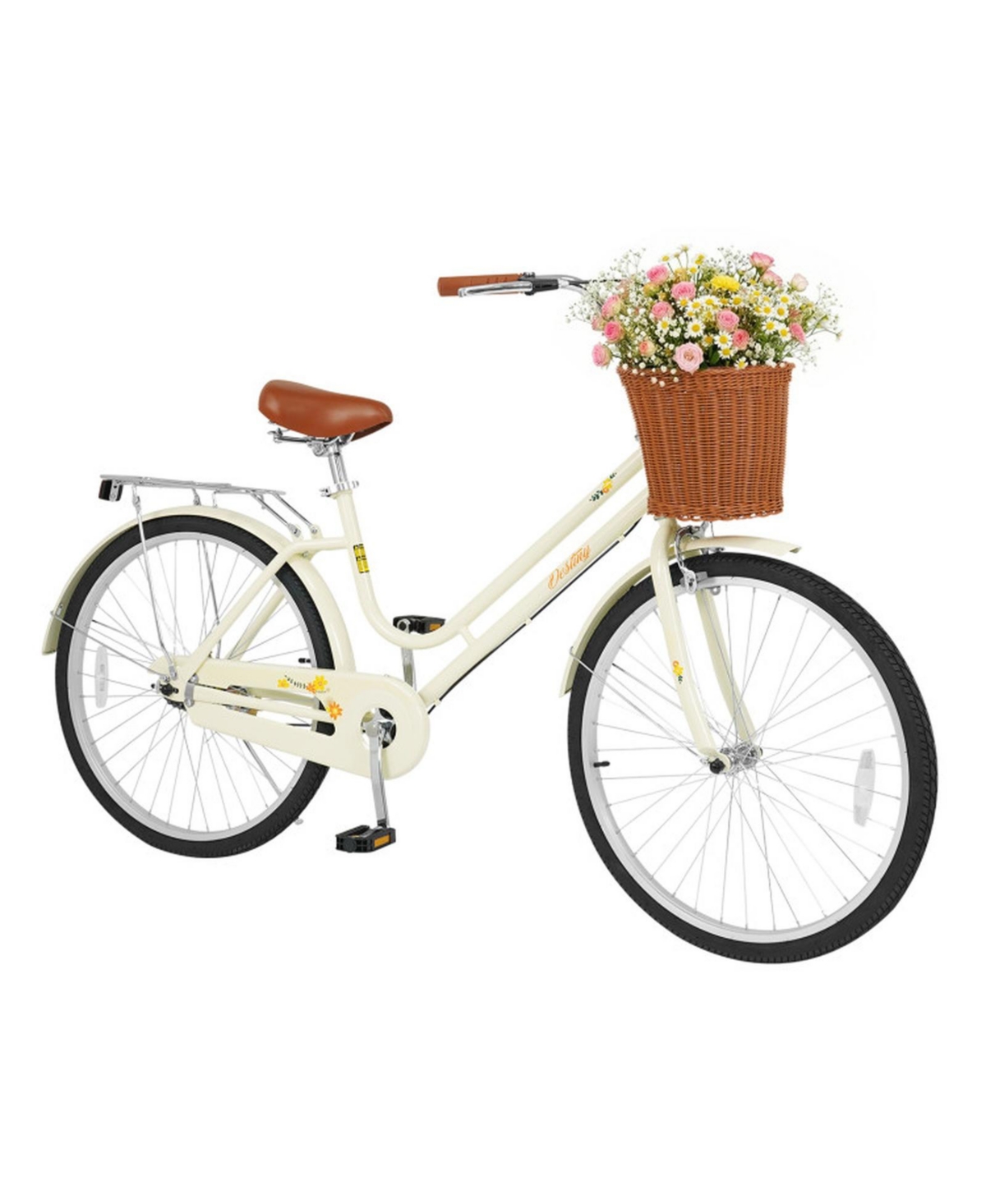 Sugift 26 inch Beach Cruiser Bike for Women with Woven Basket and Rear Rack