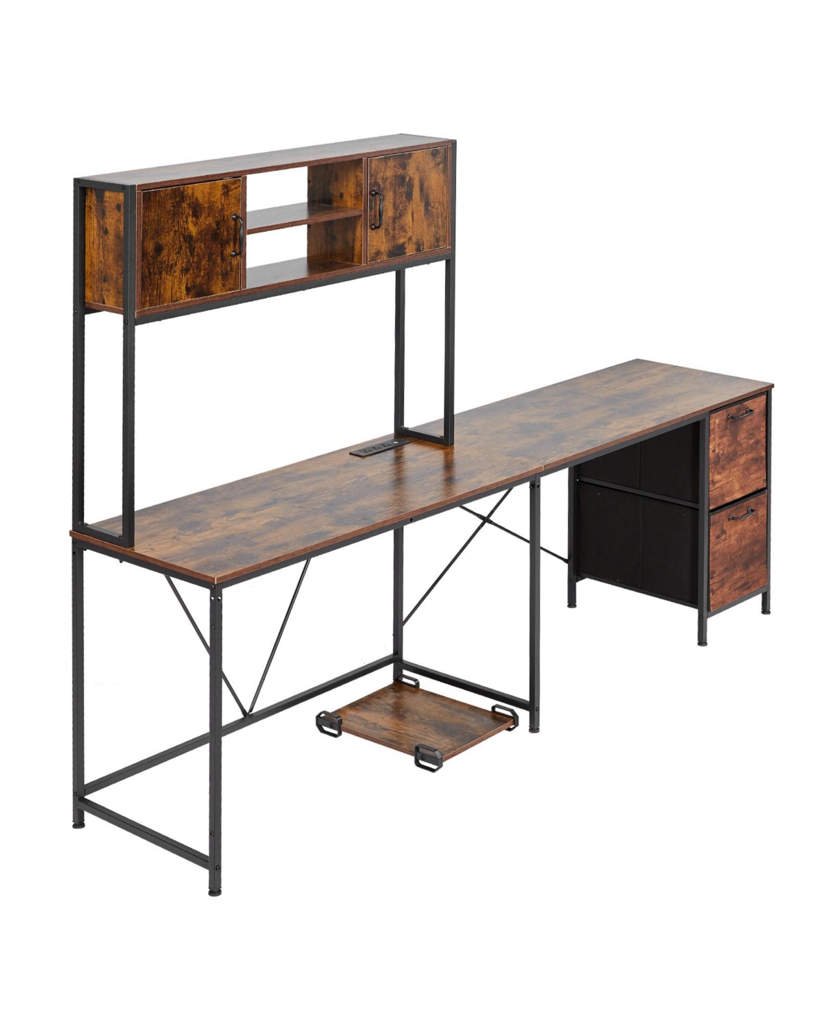 Sugift L-Shaped Gaming 62.2-Inch Led Lights Power Outlets Movable Cpu Stand and Storage Drawers Desk - Medium brown