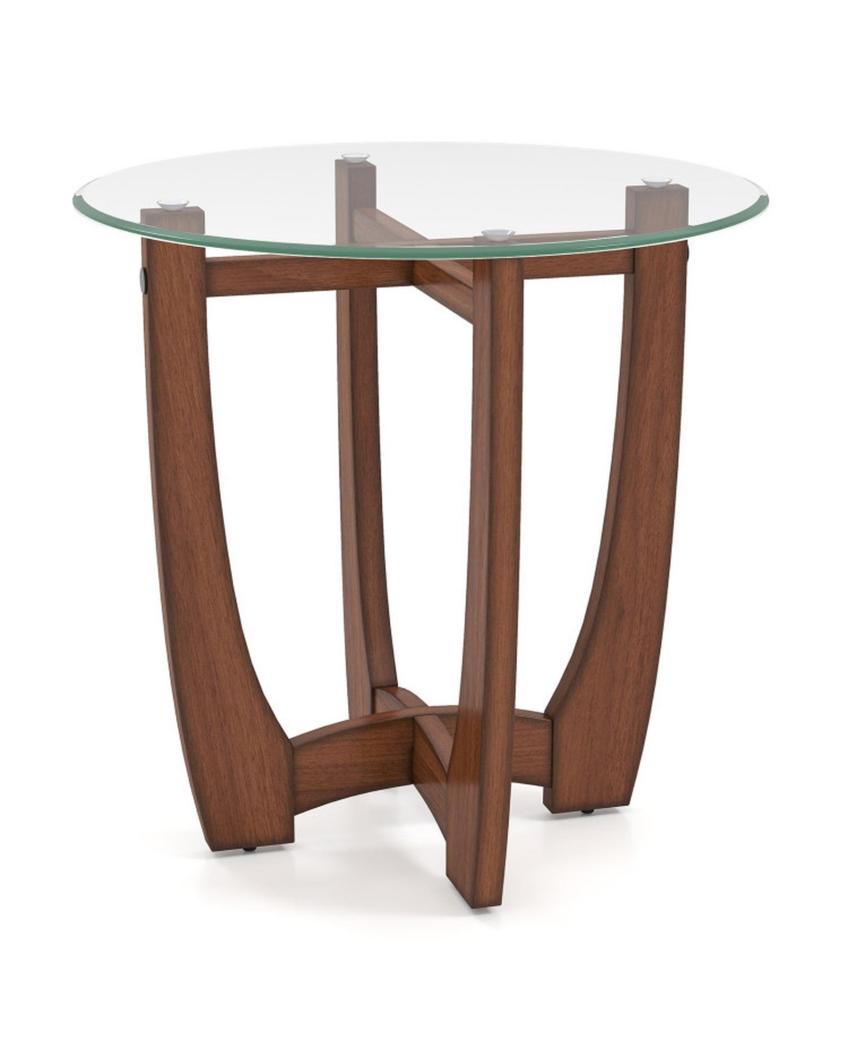 Gouun 23.5 in Round Tempered Glass End Table on X-Shaped Base - Walnut with clear glass