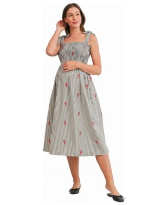 Women's Striped Smocked Tie-Shoulder Midi Dress