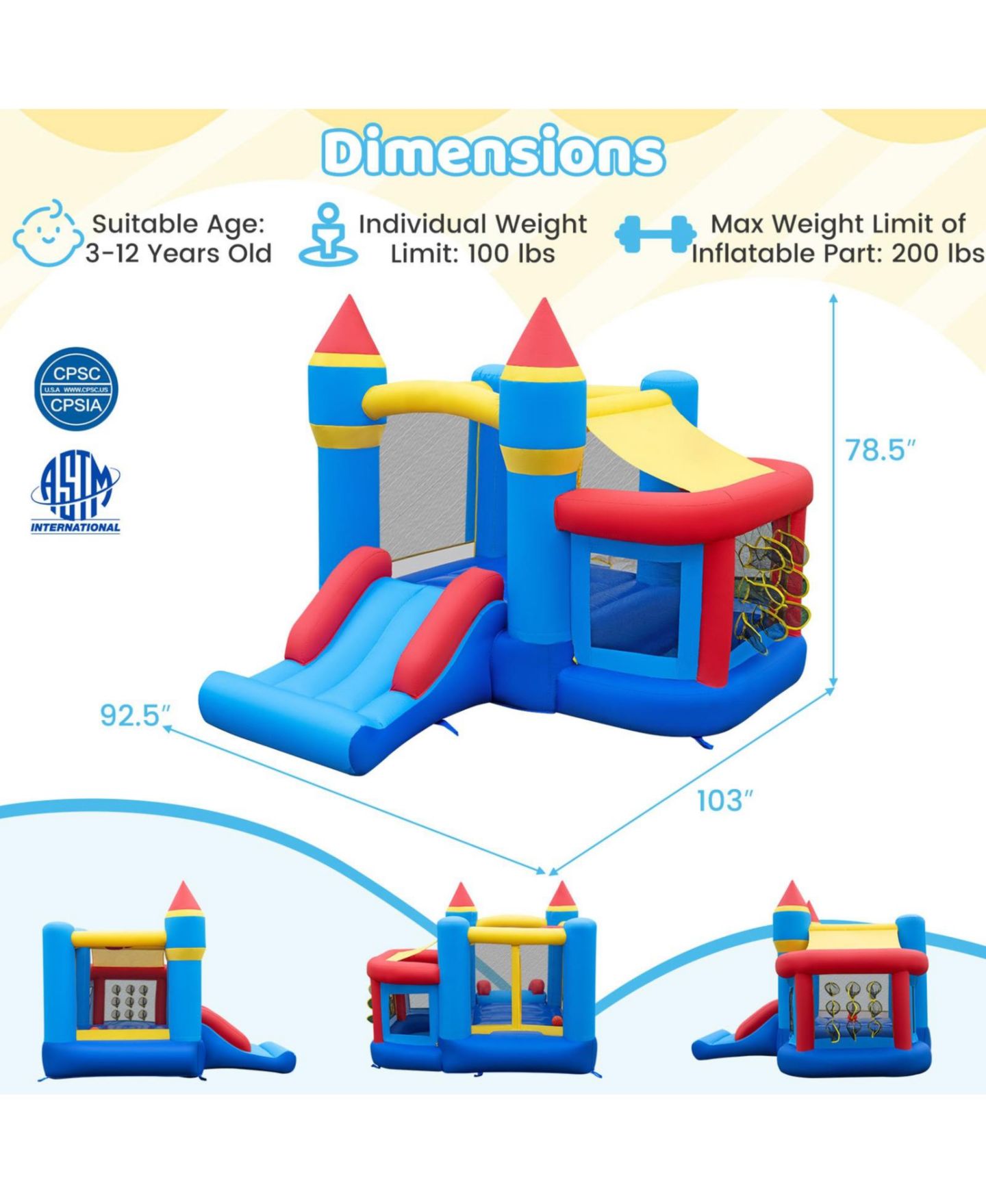 Детская игрушка SUGIFT Inflatable Bounce House with Slide, Ball Pit, Basketball Rim & Games, 550W Blower, Ages 3-12, цвет: Синий — фото 3
