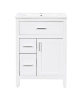 24 Inch Freestanding Bathroom Vanity, MDF Cabinet with Solid Wood Frame, Ceramic Integrated Sink, Tip-Out Drawer, Assembly Required