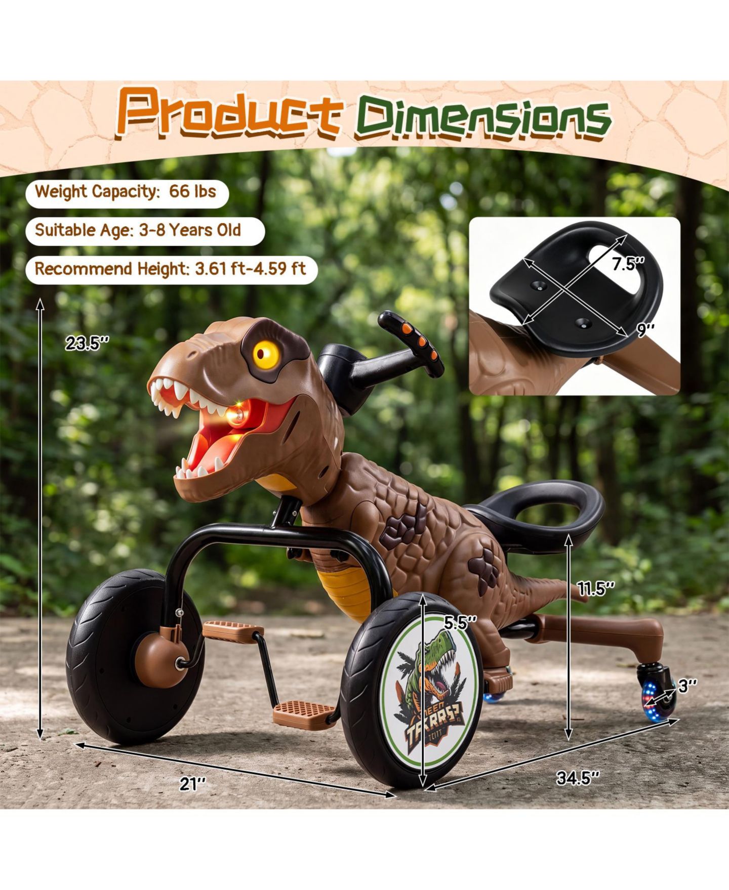 Детская игрушка Costway Dinosaur Drift Tricycle with Lights & Mist Spray, 66 lb. Capacity, Ages 3-8, цвет: Коричневый — фото 3